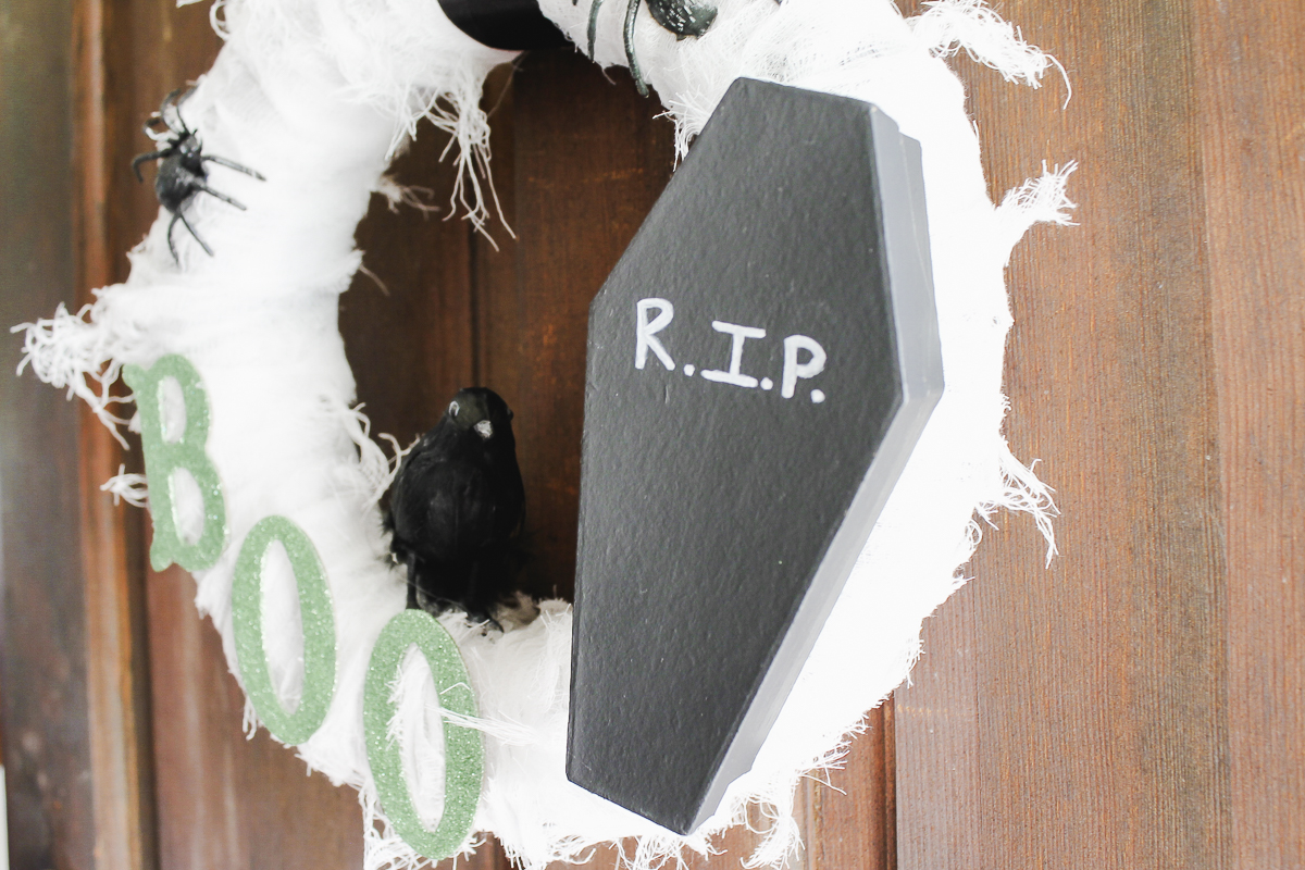 rip coffin on a haloween wreath