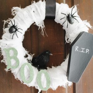 scary halloween wreath on a door