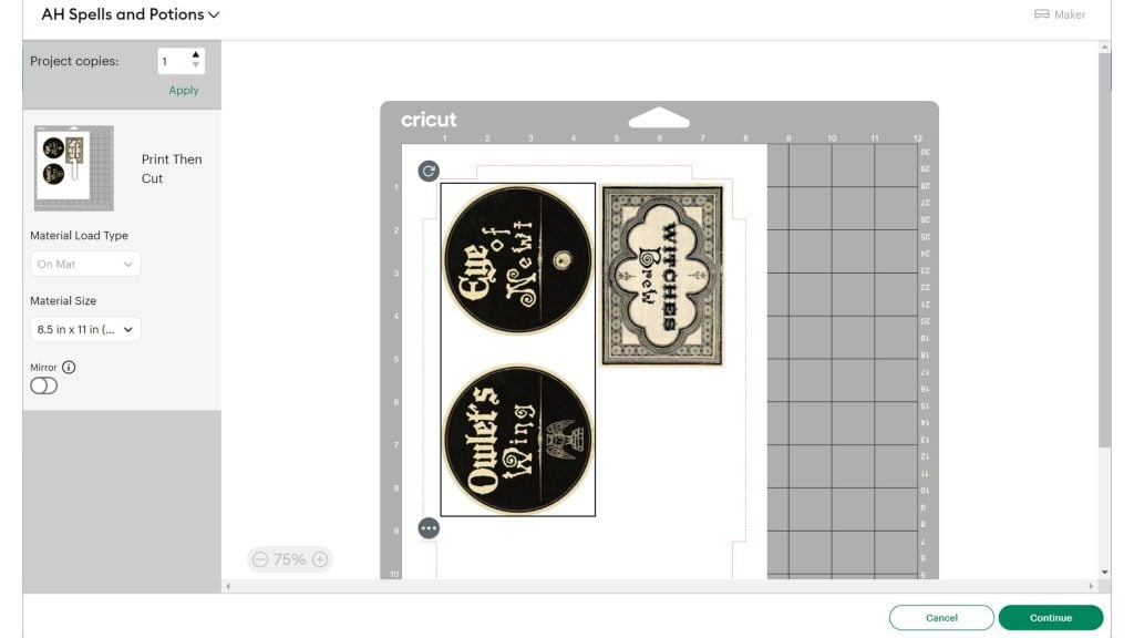 print then cut feature for making labels