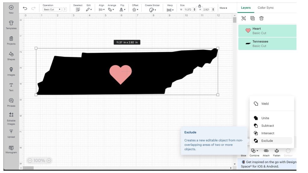 Heart added to state image in Cricut design space