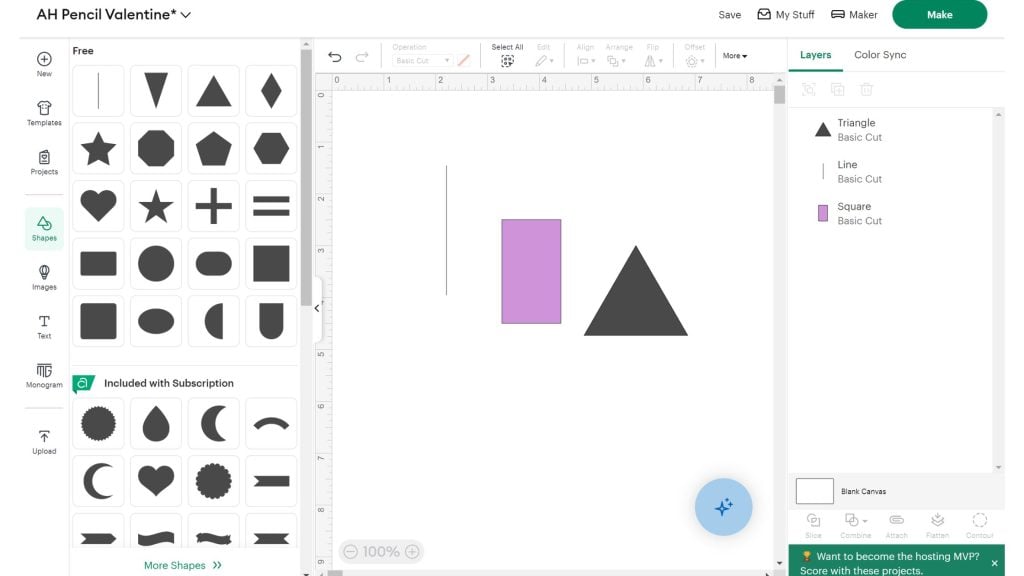 Using basic shapes in Cricut design space. 