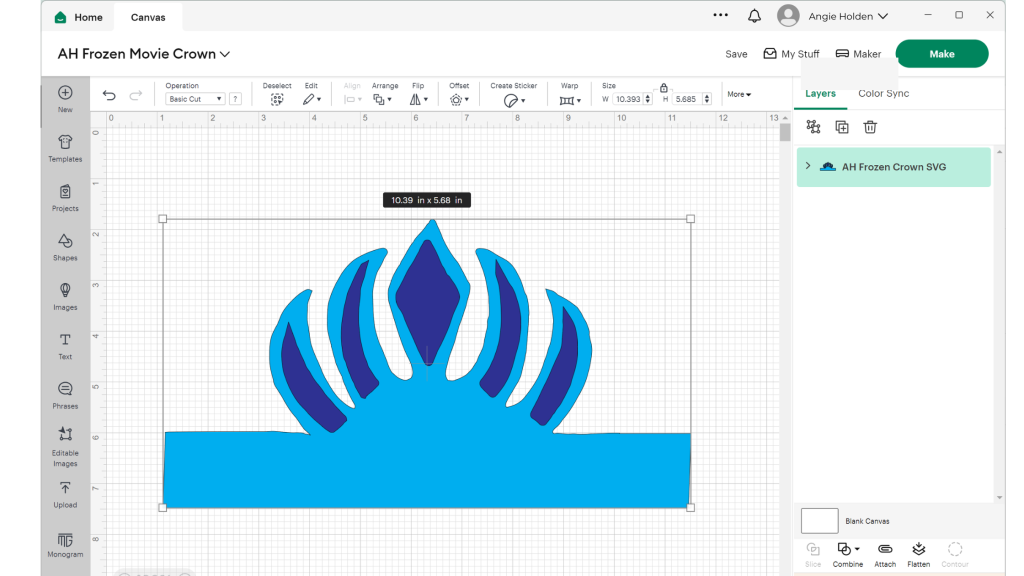 Frozen movie crown on Cricut design space canvas