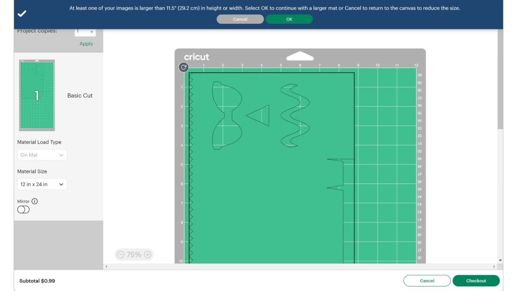 warning to indicate the image is too large for the cutting mat