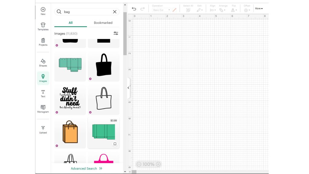 Searching for Bag in Cricut design space