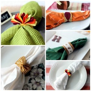 Thanksgiving napkin ring ideas -- five ideas for Thanksgiving or your fall dinner party.