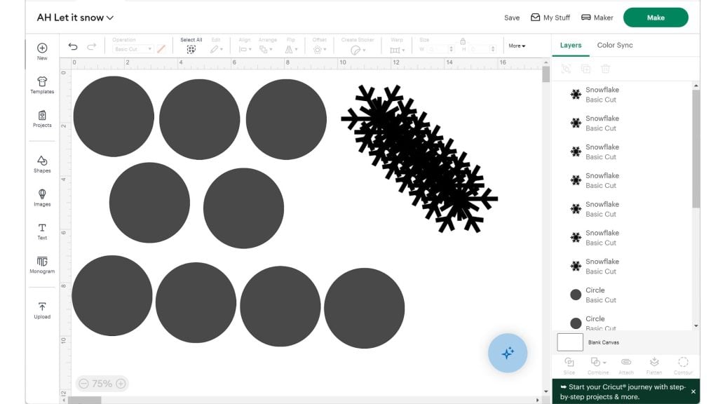 Circles and snowflakes in Cricut Design Space. 