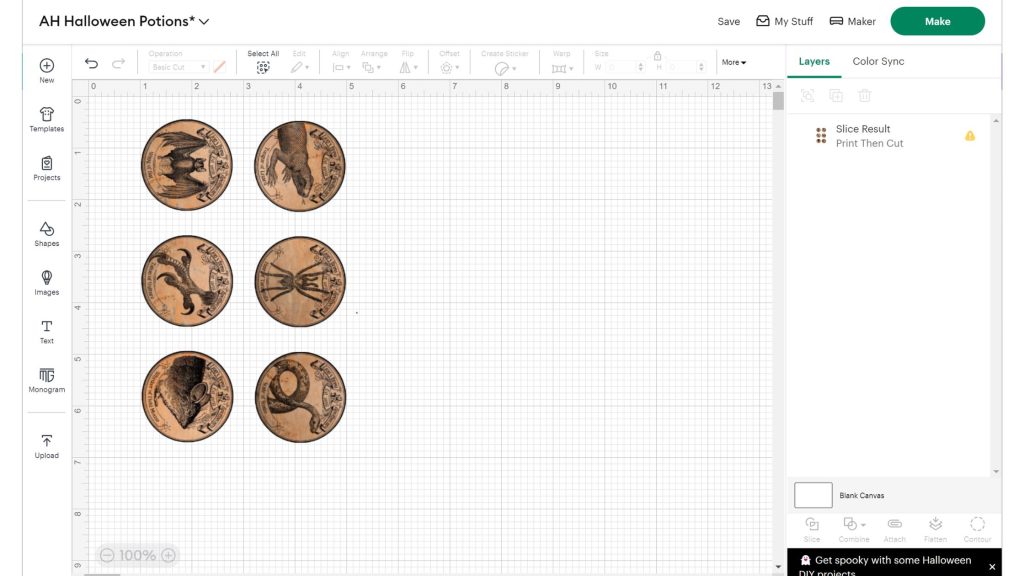 Sliced and resized file in Cricut design space