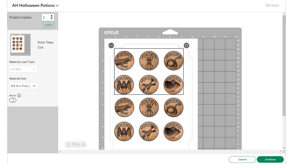 Mat set-up for Print Then Cut in Cricut Design Space.