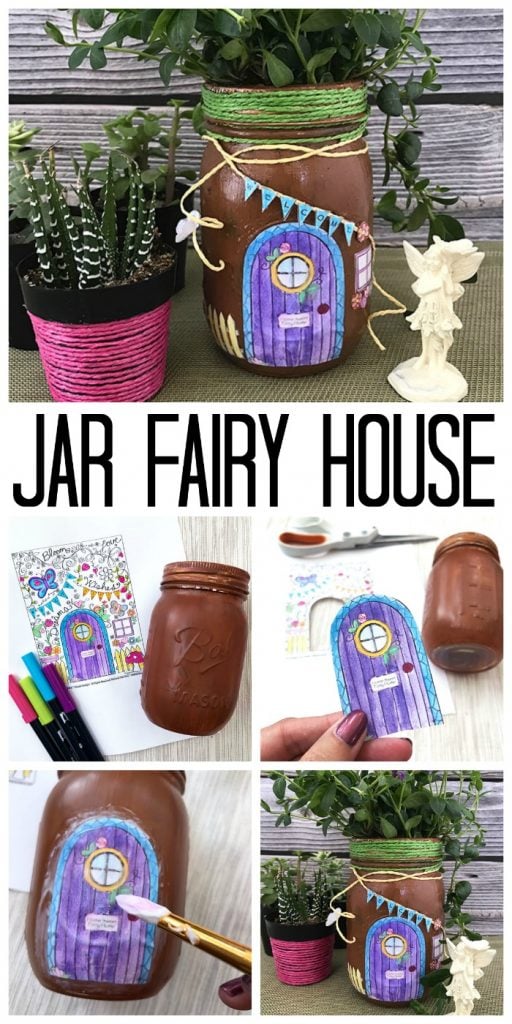 Make this mason jar fairy house this spring! Great free printable fairy garden coloring page as well!