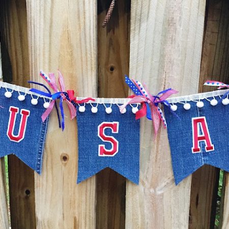 Upcycled Patriotic Blue Jean Banner by Beth Watson