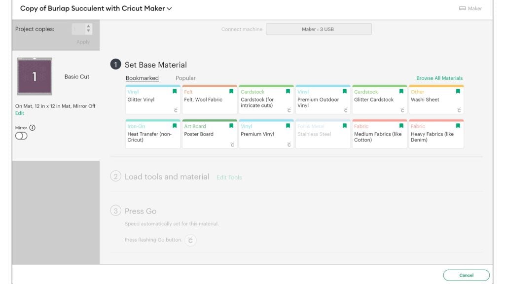 Choosing fabric setting in Cricut design space