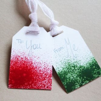 paper tags with paint splatter