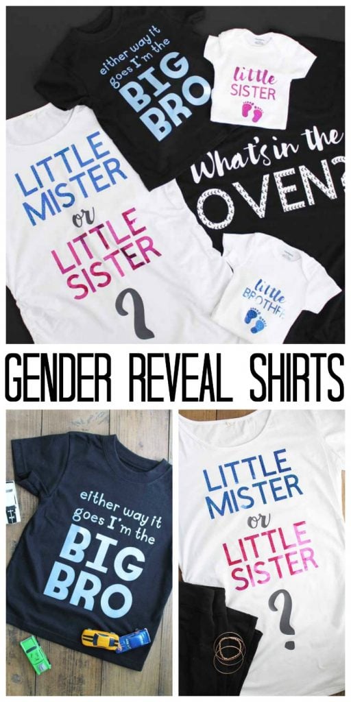 Great gender reveal ideas for family! Includes cut files for shirts for mom, dad, big brother, and some onesies perfect for the new little addition to the family!