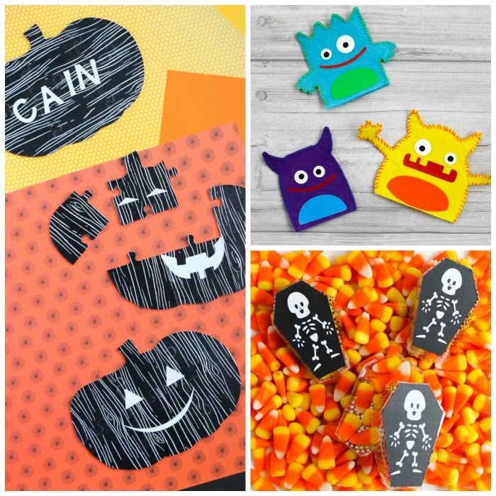 Make these three Halloween gift ideas with your Cricut Maker! Includes coffin treat boxes, felt monster puppets, and shaped pumpkin chipboard puzzles! #cricut #cricutmade #cricutmaker #halloween