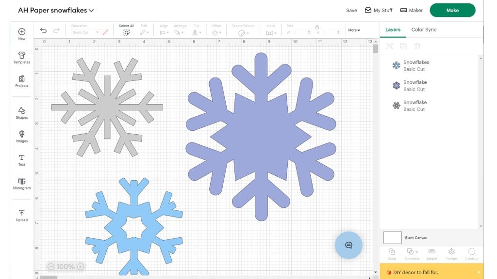 Snowflakes on canvas in design space