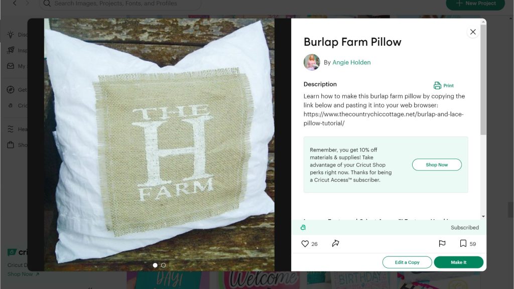 Burlap Farm Pillow project in Cricut Design Space