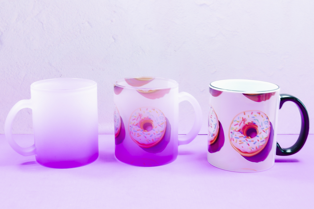 Frosted ombre sublimation mug and black handle mug.