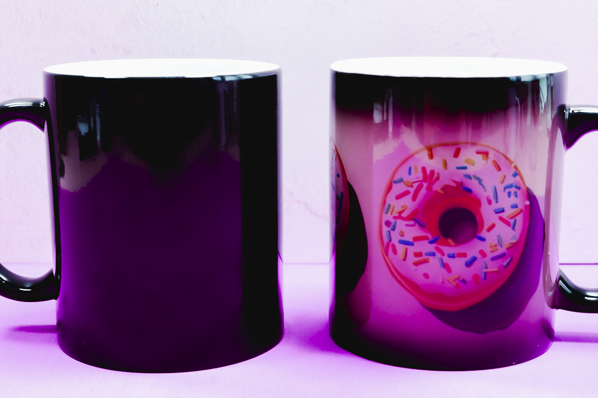 Color changing sublimation mug with donut sublimation print.