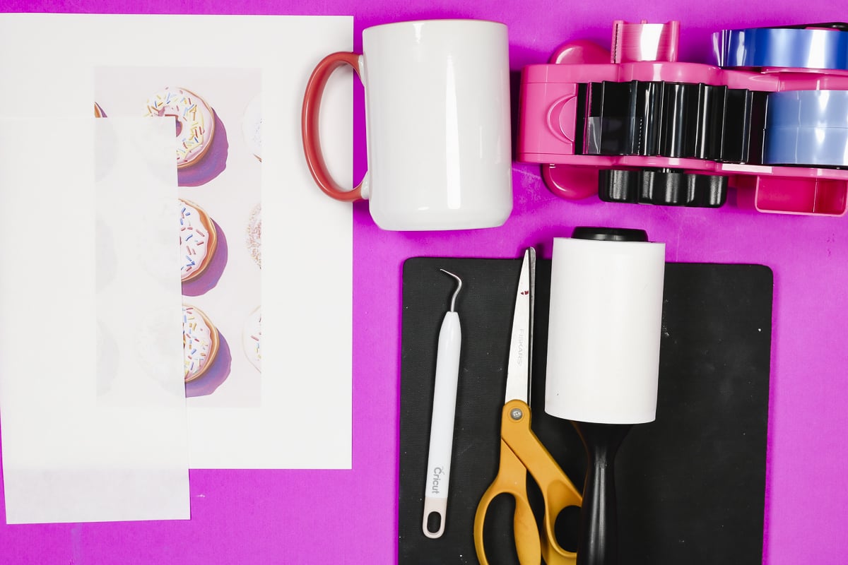 Supplies used to make sublimation mugs.