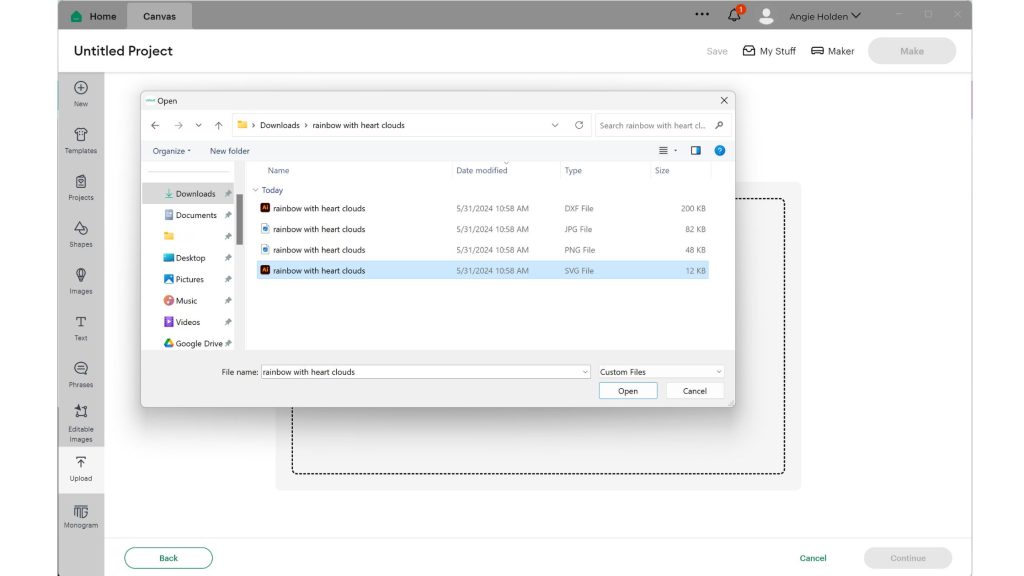 Selecting an SVG to upload into Cricut