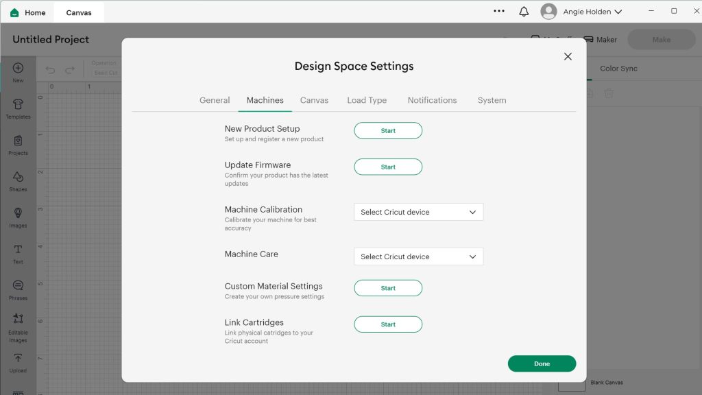 Design space settings menu