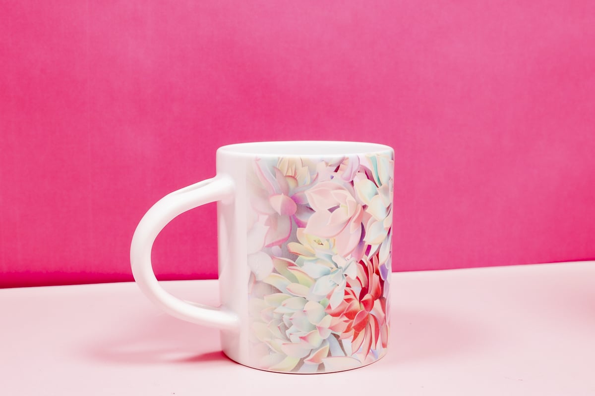 Close up of ceramic mug with sublimation print.