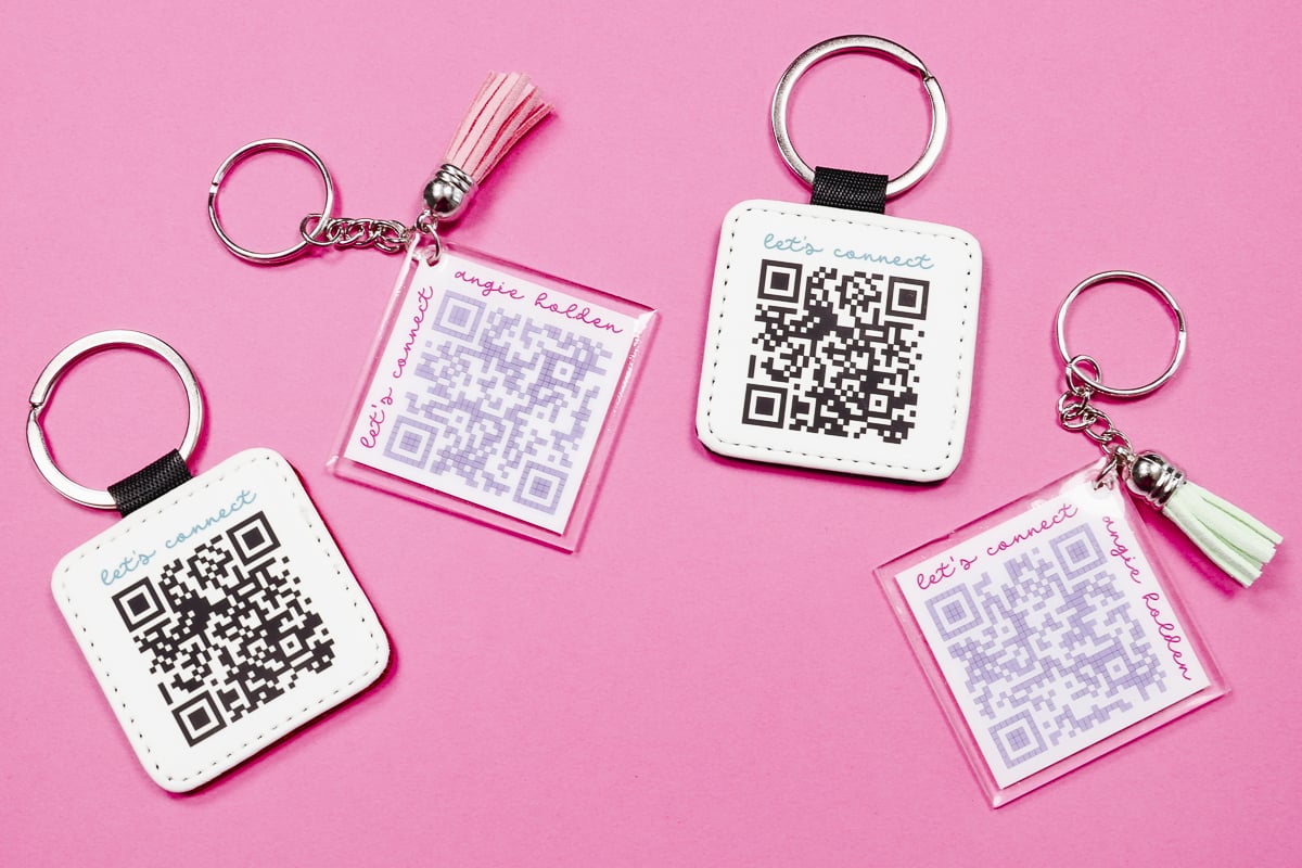 Custom QR Codes on keychains with vinyl and sublimation.