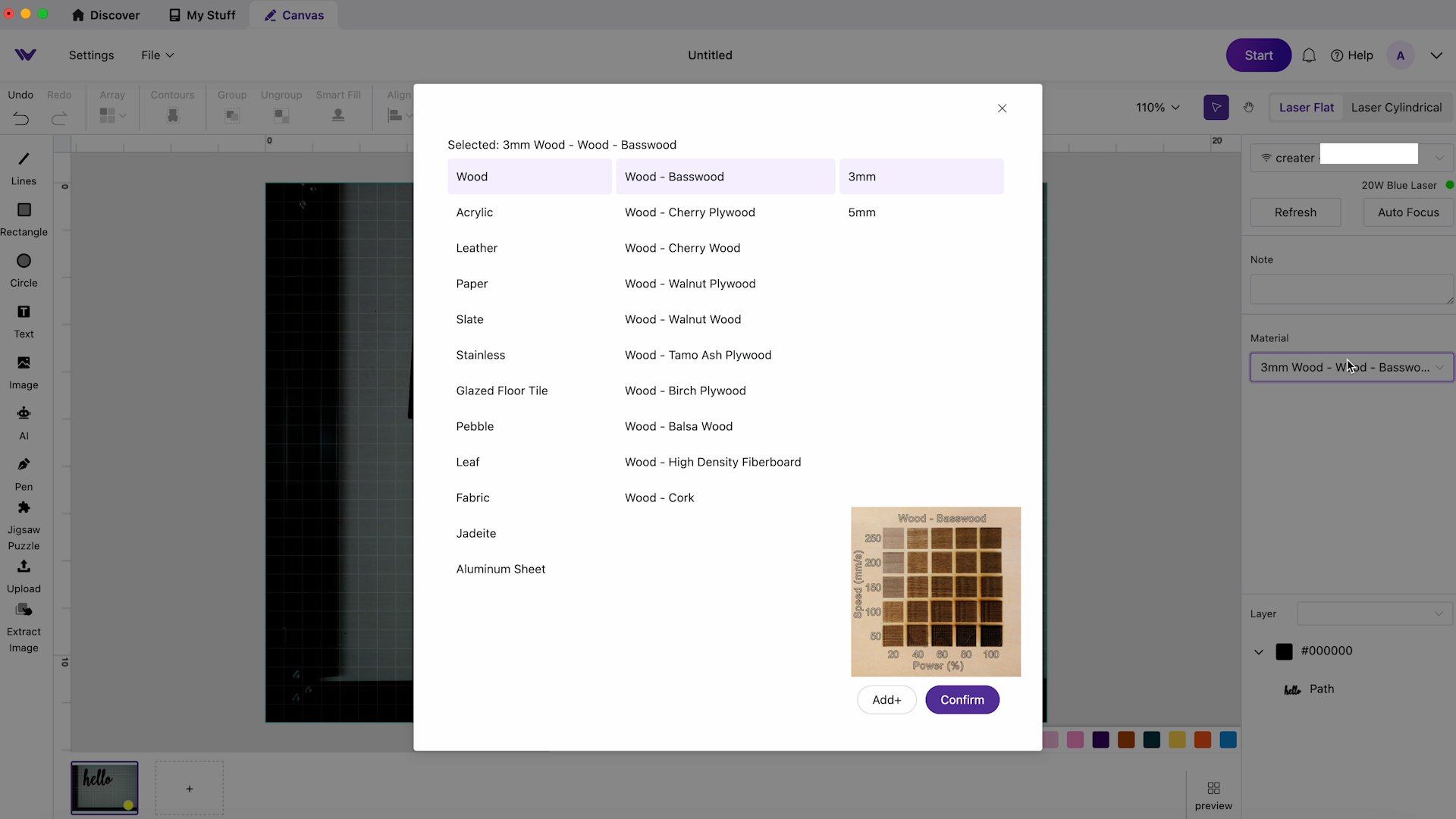 choosing material settings in wecreat makeit