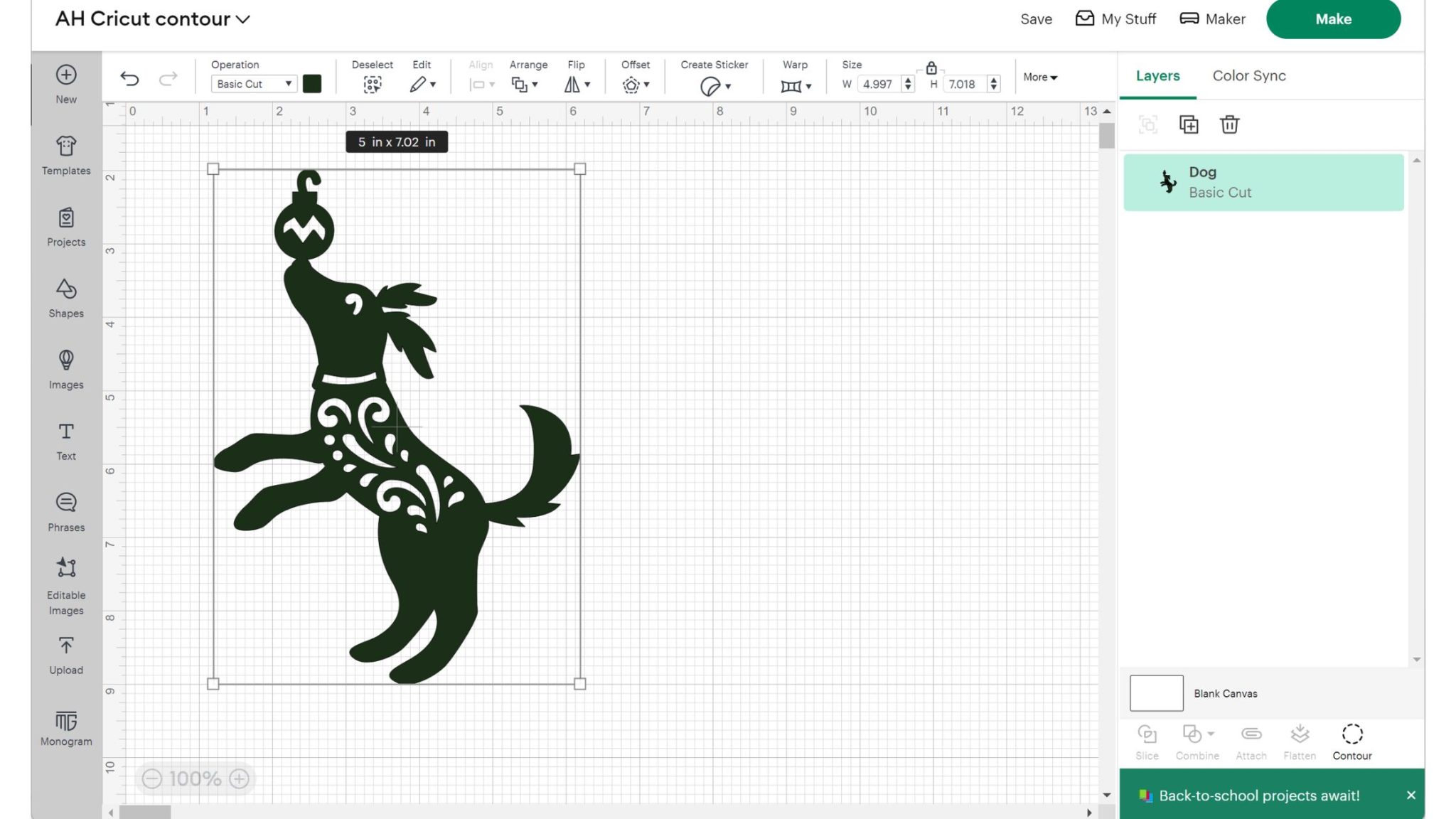 cricut contour on a dog image