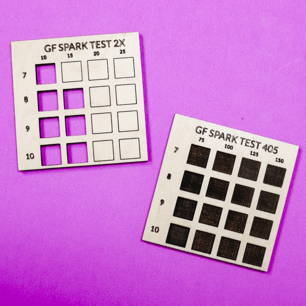 Glowforge laser material settings test grid examples.