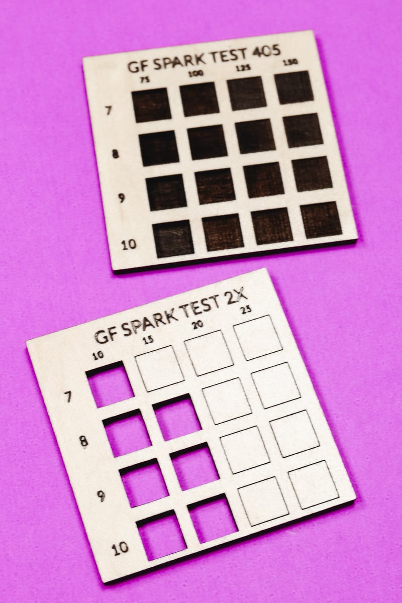 Close up of laser material settings test grid.