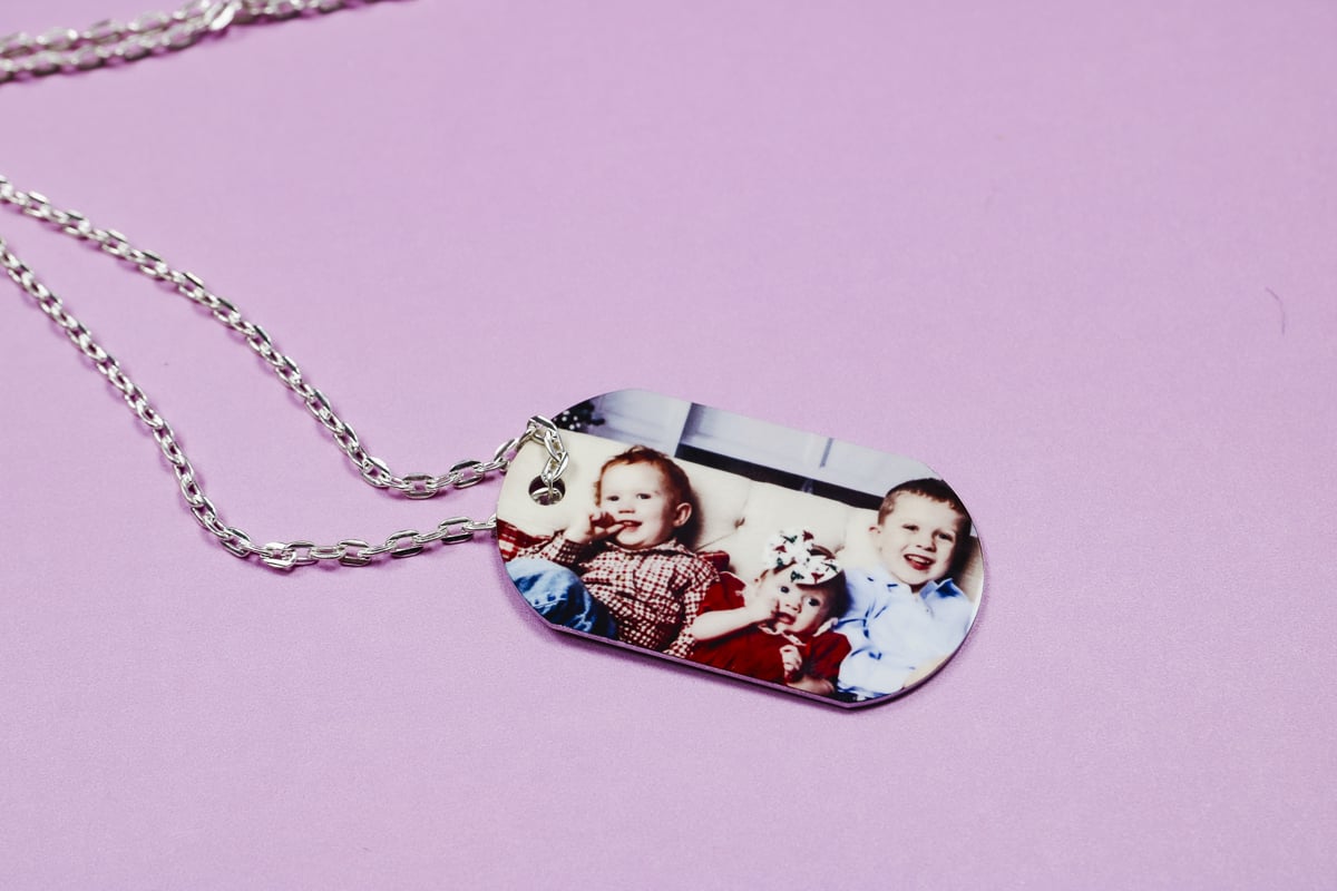 Finished dog tag photo sublimation necklace.