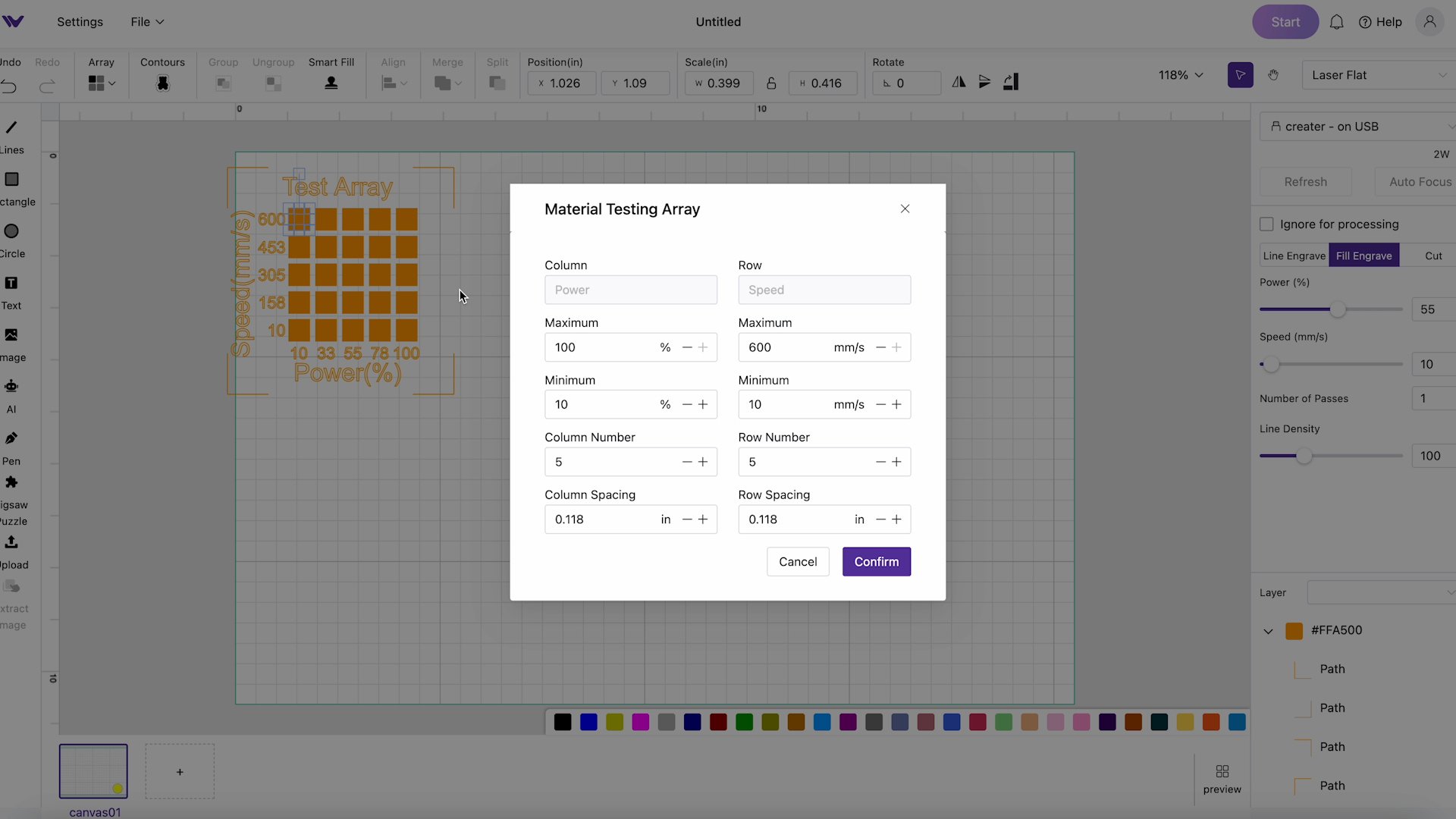 setting material test array in wecreat software