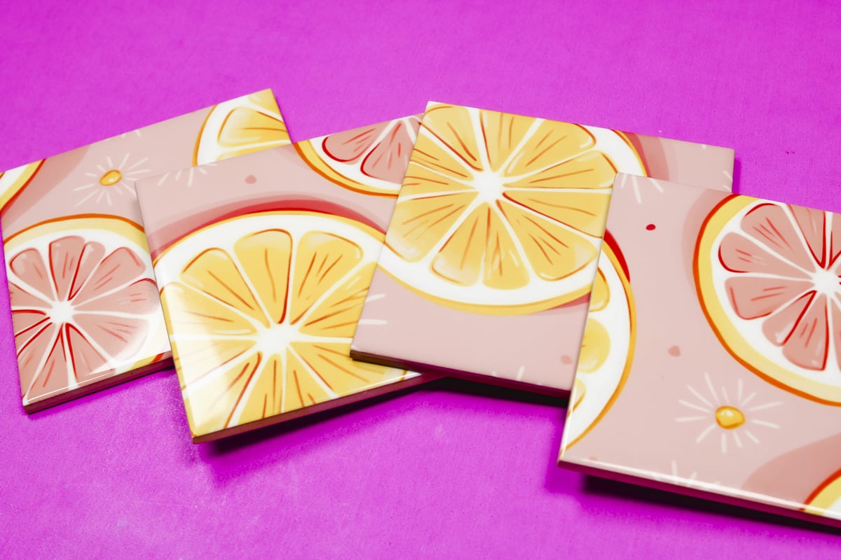 Sublimation tiles with fruit designs.