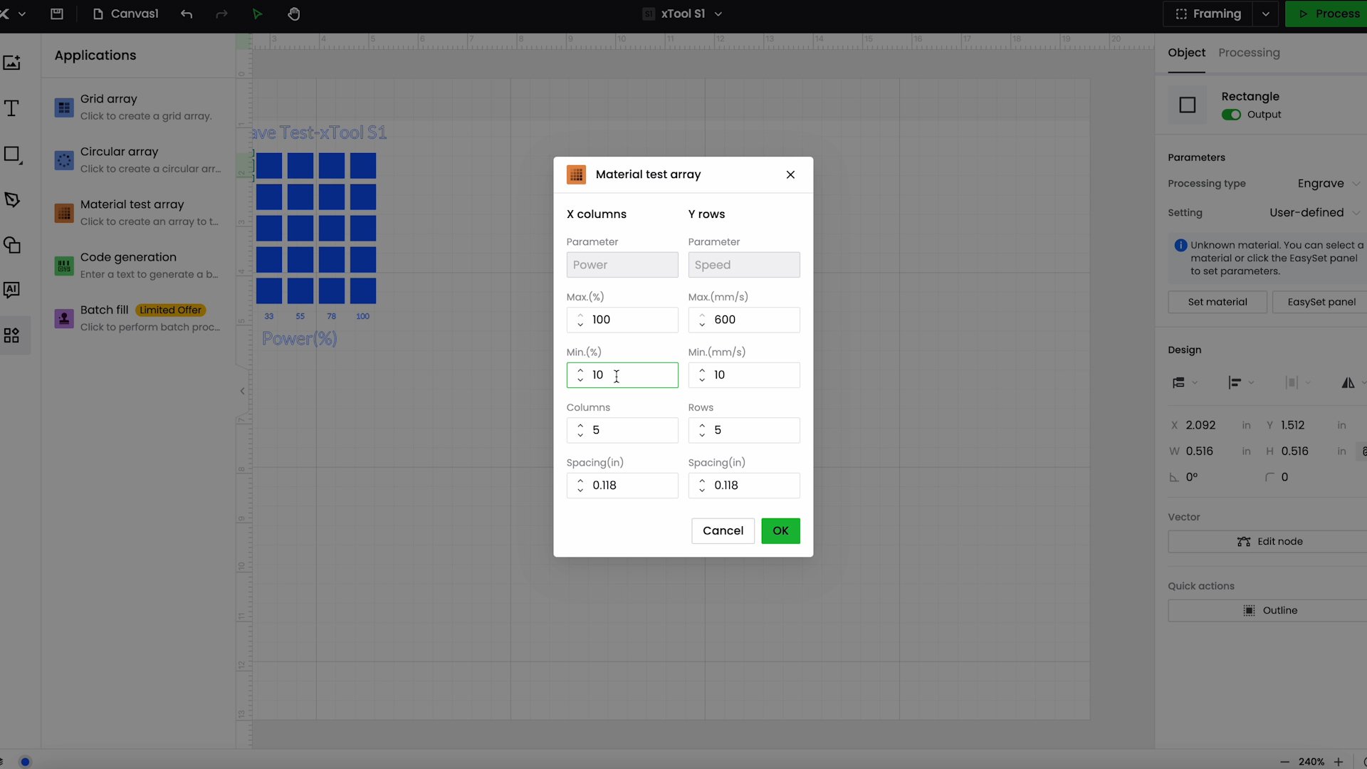 test array settings for xtool