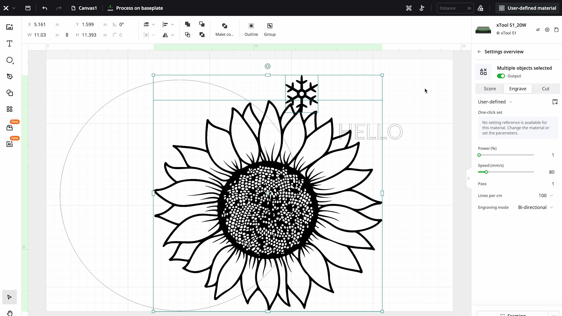 sunflower settings in xtool creative space