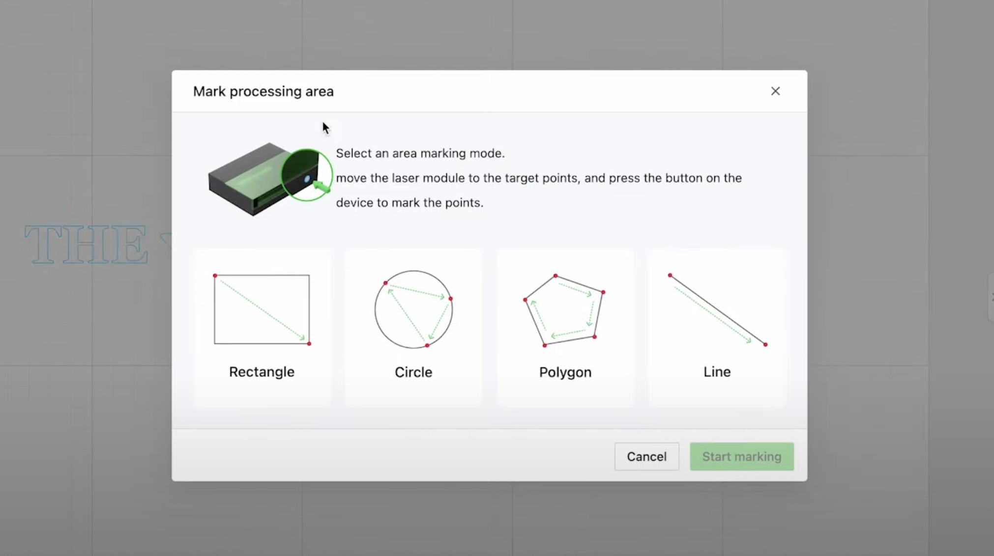 On screen display of how to mark the processing area.